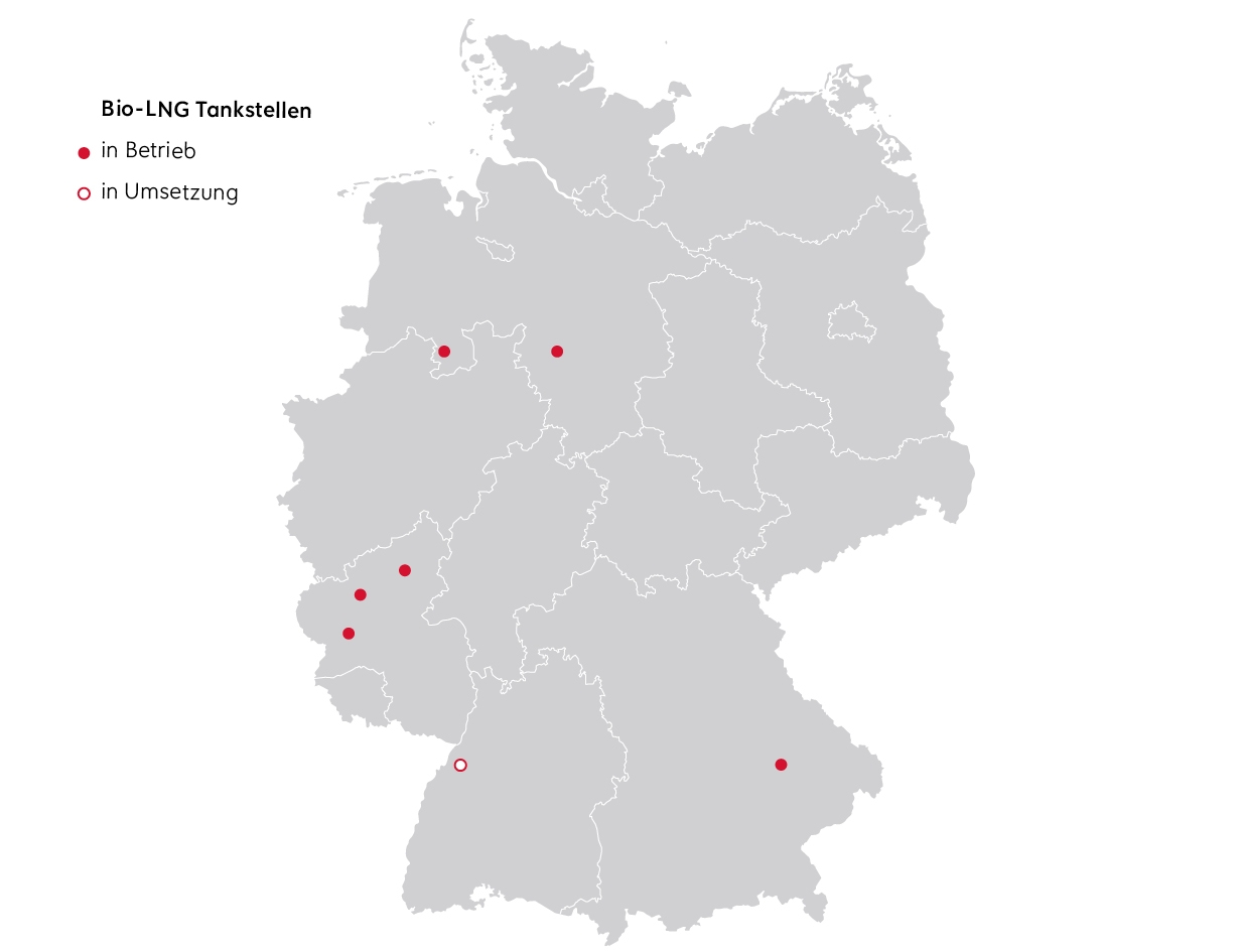 Eine Karte aller Bio-LNG Tankstellen der Q1 Energie AG