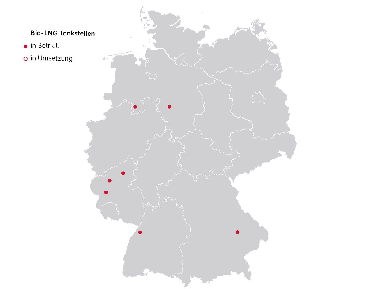 Eine Karte aller Bio-LNG Tankstellen der Q1 Energie AG